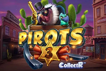 Pirots 3 CollectR slot game with pirates and treasure chests in a desert setting