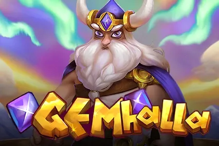 GemHalla slot game with a mystical theme, featuring a powerful figure and colorful gems