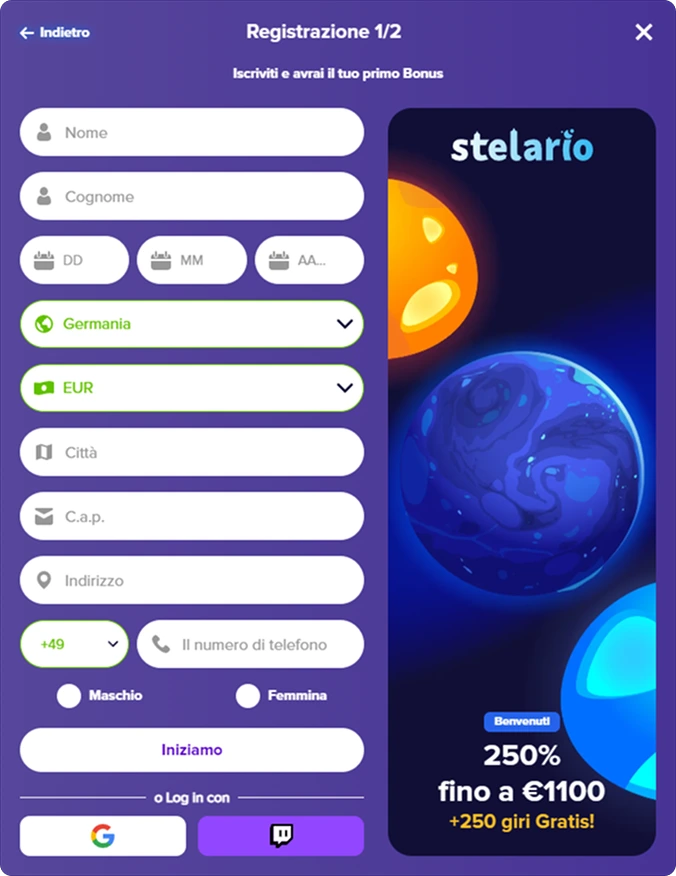 Registration form on Stelario casino with fields for username, password, personal details, and payment options