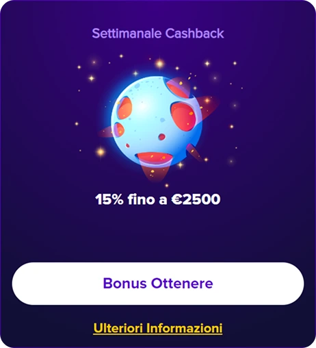 Stelario casino cashback bonus offering 15% up to €2500 with a colorful space theme.